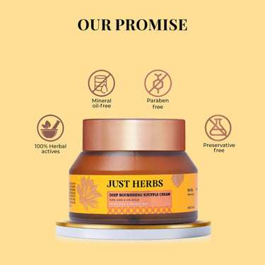 Just Herbs 24K Gold with Pure Ghee Souffle Day Cream for Deep Nourish Moisturising Anti Ageing | Improve Skin Elasticity | Reduce Dullness | Non Sticky | All Skin Types Moisturiser for Women 50ml